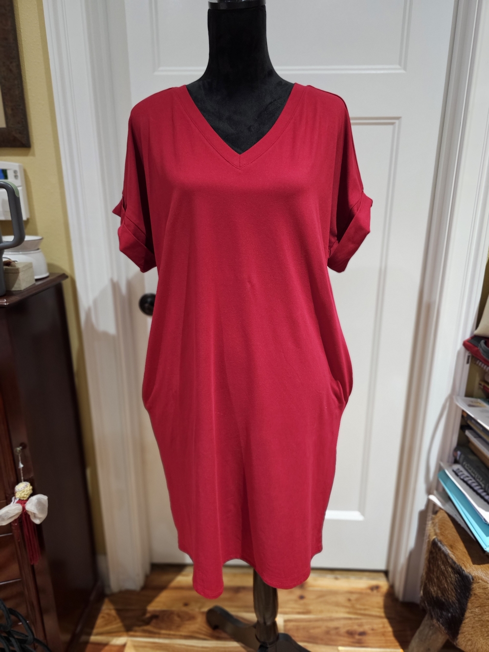 Zenana Red V-Neck Dress With Pockets